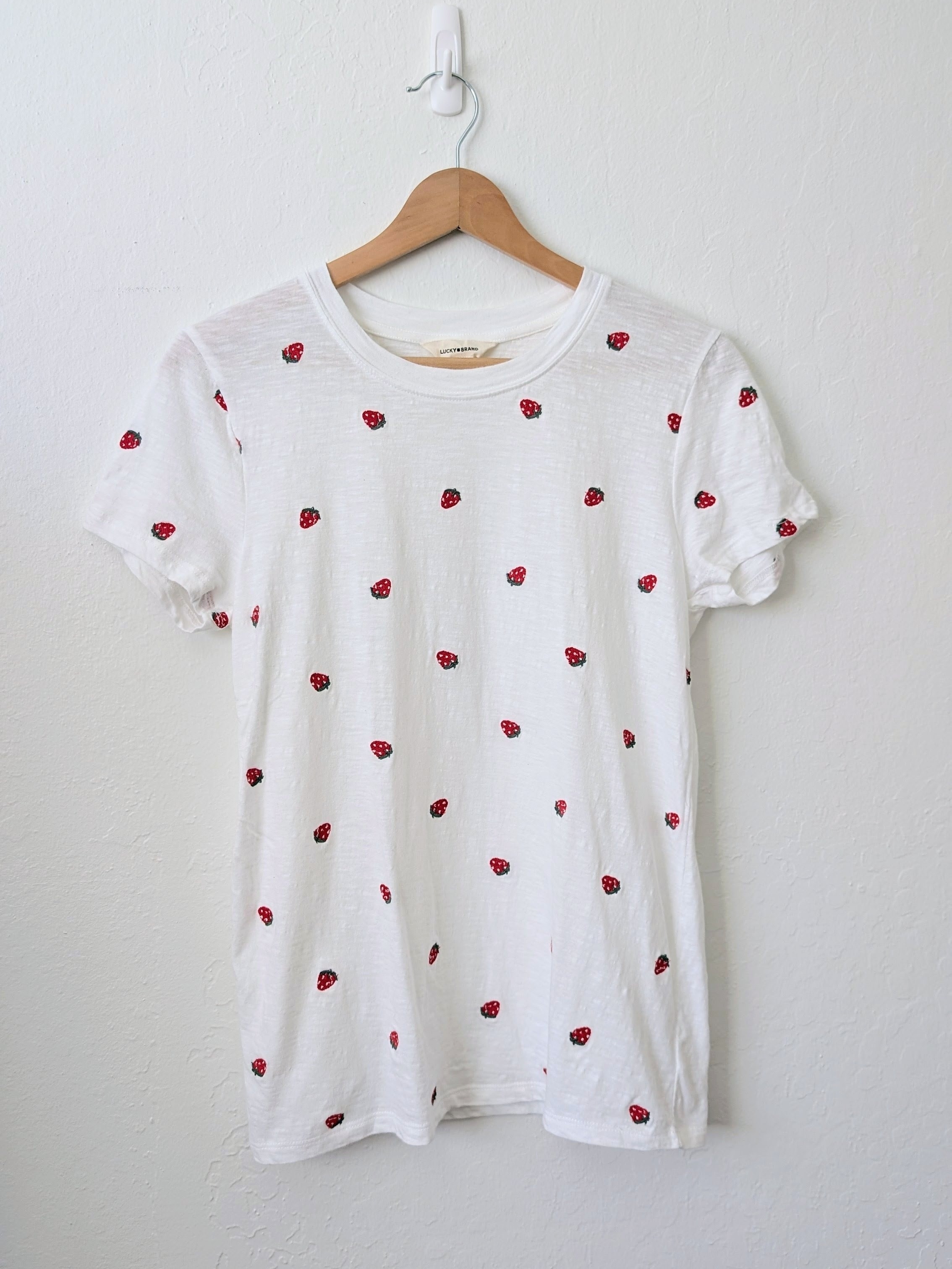 Lucky Brand White Tee With Strawberry Embroidery Size Medium